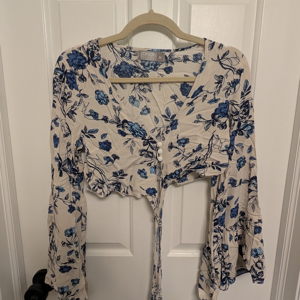 Cropped And Tie Cream and Blue Floral Blouse